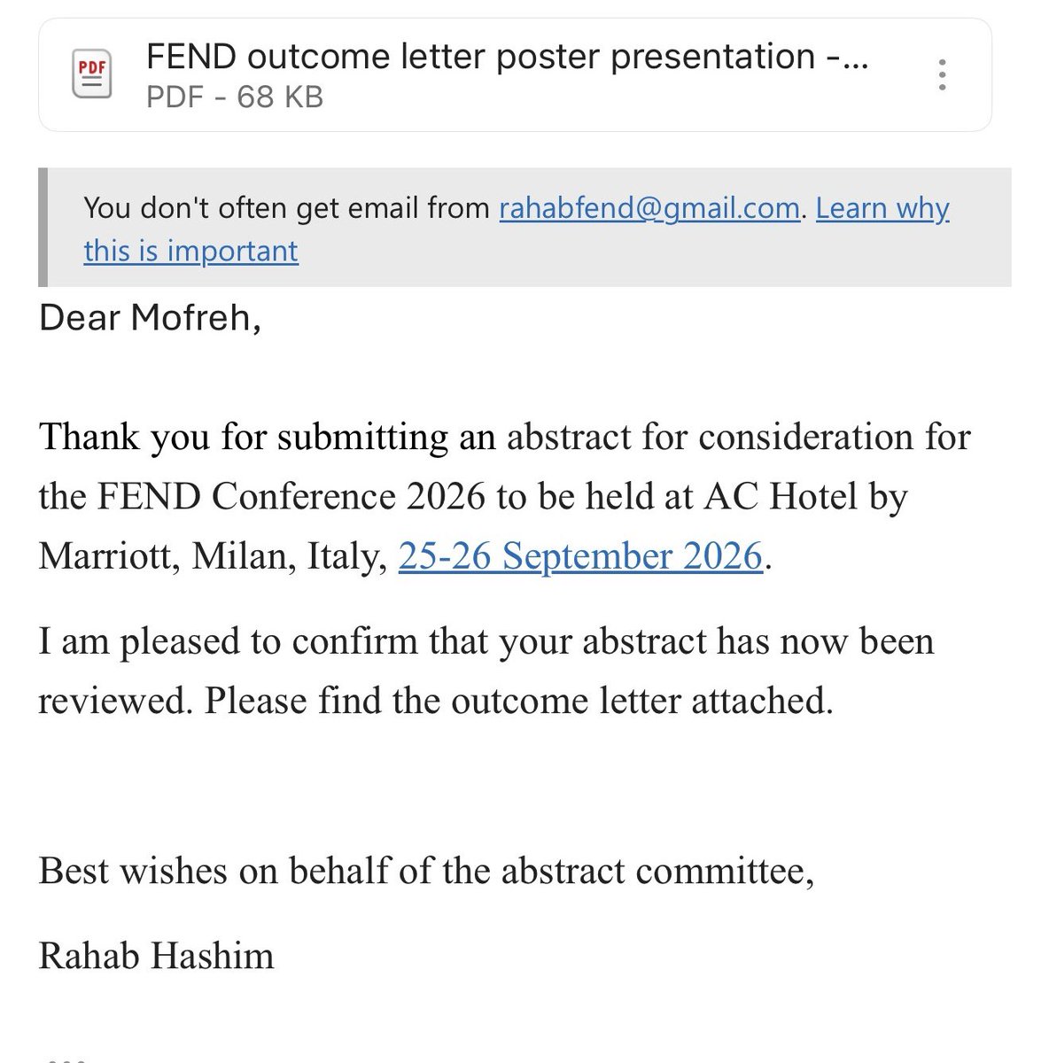 Alruwaili_2014's tweet photo. اللهم لك الحمد 🤲🏻
تم قبول ملخصي البحثي لعرضه كـ Poster في مؤتمر FEND 2026 (اتحاد الممرضين الأوروبيين المختصين بالسكري)، والذي سيُعقد في ميلانو، إيطاليا 🇮🇹 يومي 25-26 سبتمبر 2026.

شكراً لكل من دعمني في هذه الرحلة 🙏

#FEND2026 #Diabetes #DiabetesNursing #Milan #Research https://t.co/hETdUzrtCr