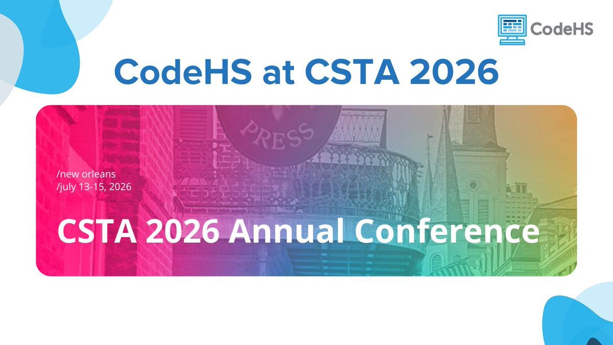 CodeHS's tweet photo. Heading to CSTA this year? The CodeHS team will be in New Orleans, and we'd love to discuss your computer science classroom. We have great new CodeHS swag and hope you will stop by and say hi!👋 #CS #CSTA #ReadWriteCode @csteachersorg https://t.co/iEjiuS0WDR