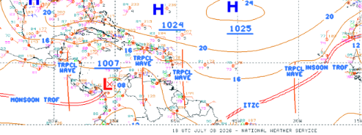 hidromet's tweet photo. Varias Ondas Tropicales en camino, dentro de flujo acelerado, pero viene, si el dia ha sido despejado, sin nubes y muy caluroso, hay un peligro de lluvias con tormentas, intensas, rayos, viento y hasta granizo !!! En La Canicula hay días secos intercalados con días con lluvias. https://t.co/uo8H7TatQD