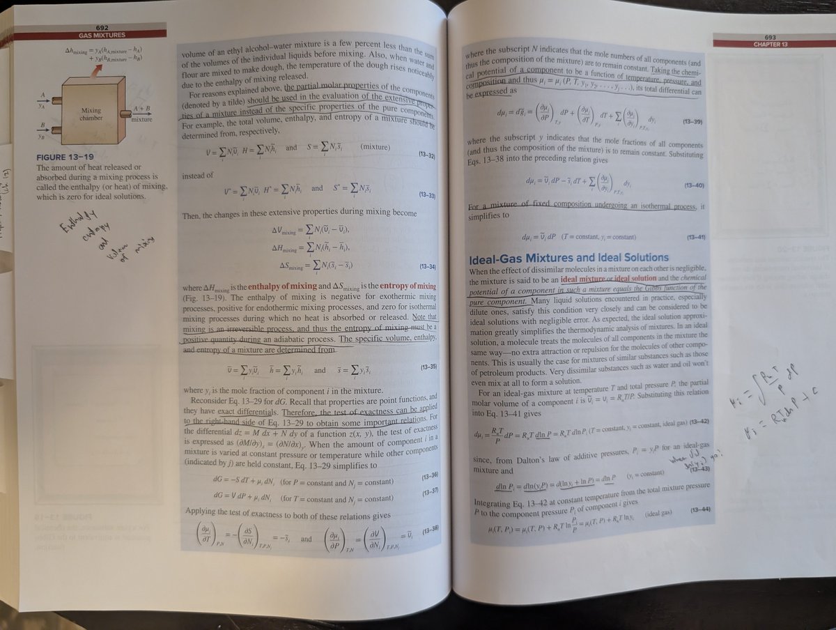 lukedw09's tweet photo. Today, after nearly 11 months, I have finished Thermodynamics: An Engineering Approach. 

Thermodynamics is incredibly foundational for engineering in general, from basic heat transfer via the First Law of Thermodynamics, all the way to the Maxwell relations that fundamentally relate the natural and nonnatural variables. It models the intricate relationships between heat, energy, temperature, and work that provide the basis for the action within the universe. This text provided me with the basics of gas mixtures, chemical reactions, exergy, and gas power cycles, all of which are essential for analyzing thrust chambers, determining the maximum theoretical work produced out of a jet engine, and measuring the second law efficiency of an engine throughout its flight.

At the beginning I found this subject quite challenging: the problems were unlike many I have seen before and I struggled to at times understand what it was asking. This was primarily due to the abstract concepts like entropy and exergy, that I struggled to fully consolidate. Thankfully, I persevered and thus expanded my capability. Oddly enough, I had to learn to code for this as well; Engineering Equation Solver (EES) was used in many of the problems, requiring me to vary parameters (e.g., adiabatic flame temperature vs excess air) or simply solve the problem due to the algebra required (calculating enthalpy off combustion).

I also want to express my heartfelt thanks to Yunus A. Çengel, Michael A. Boles, and Mehmet Kanoğlu for providing this text which is generously open to self-study with its plethora of images and clear explanations.
