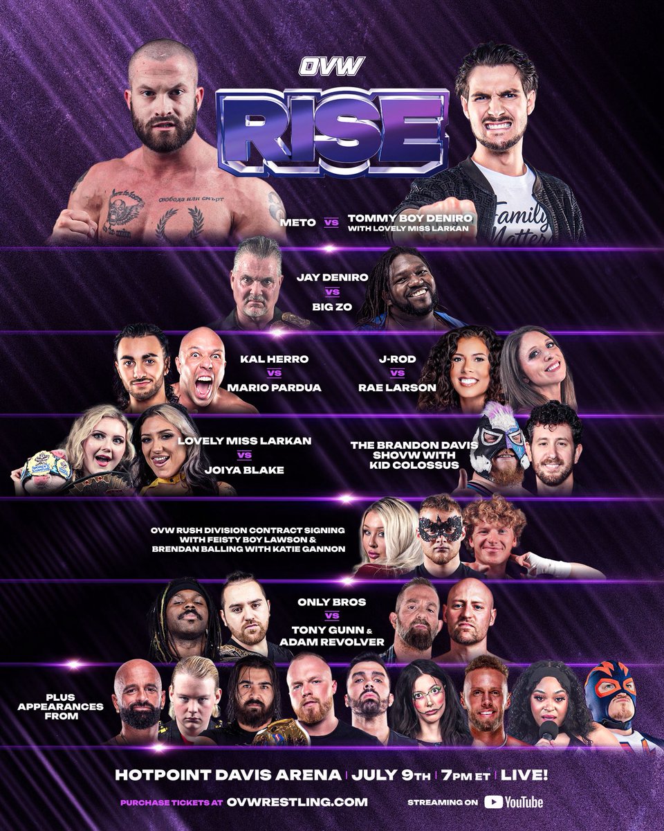 ovwrestling's tweet photo. The road to Independence Rage rolls through OVW Rise tomorrow night. Expect big matches, big moments, and plenty of scores to settle. Join us live at the Davis Arena or stream on YouTube at 7 PM. https://t.co/yfe17nDhC2