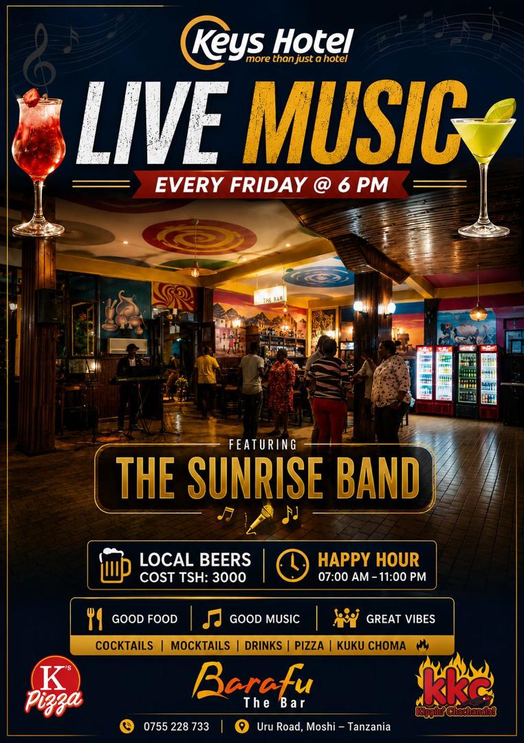 keyshotelmoshi's tweet photo. 🍻 Friday Happy Hour at Keys Hotel Moshi! 🎶

The best way to kick off your weekend starts right here! Join us every Friday from 6:00 PM for an evening of great music, delicious bites, and unbeatable drink specials.

🍺 Local Beers – Only TSh 3,000
🎵 Live Band Entertainment
🍽️ Great food, vibrant atmosphere, and unforgettable moments with friends and family.

Whether you're unwinding after work or celebrating the weekend, Keys Hotel Moshi is the place to be every Friday evening.

📍 Every Friday | From 6:00 PM
See you at Keys Hotel Moshi!