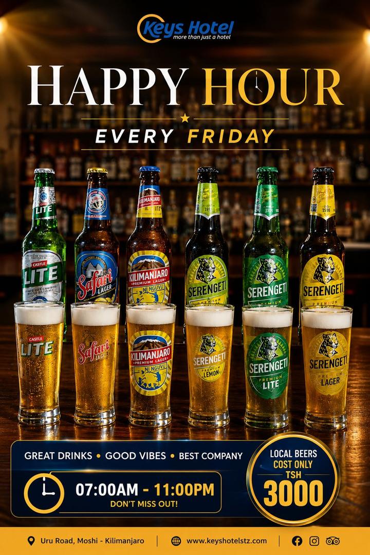 keyshotelmoshi's tweet photo. 🍻 Friday Happy Hour at Keys Hotel Moshi! 🎶

The best way to kick off your weekend starts right here! Join us every Friday from 6:00 PM for an evening of great music, delicious bites, and unbeatable drink specials.

🍺 Local Beers – Only TSh 3,000
🎵 Live Band Entertainment
🍽️ Great food, vibrant atmosphere, and unforgettable moments with friends and family.

Whether you're unwinding after work or celebrating the weekend, Keys Hotel Moshi is the place to be every Friday evening.

📍 Every Friday | From 6:00 PM
See you at Keys Hotel Moshi!