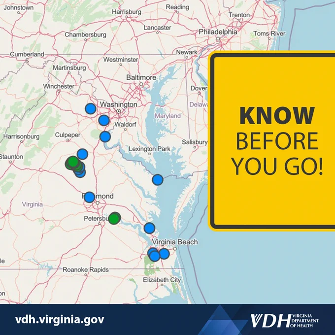 Map showing locations in Virginia and nearby states with blue and green markers highlighting specific areas around Washington, Richmond, and Virginia Beach.