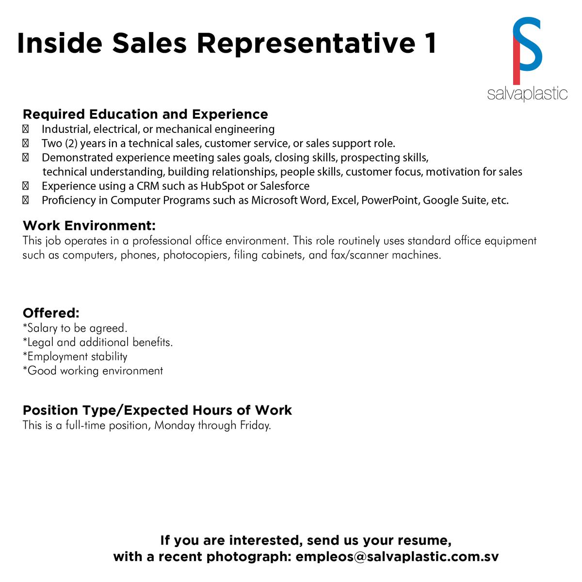 Salvaplastic's tweet photo. 🚀 We’re Hiring!
We are expanding and looking for goal-oriented professionals to fill two key office roles:
1. Inside Sales Representative
2. Digital Marketing Sales Representative
📩 Apply Now
Send your resume to empleos@salvaplastic.com.sv with the subject line: "Position name https://t.co/Jtk6vQbWz5