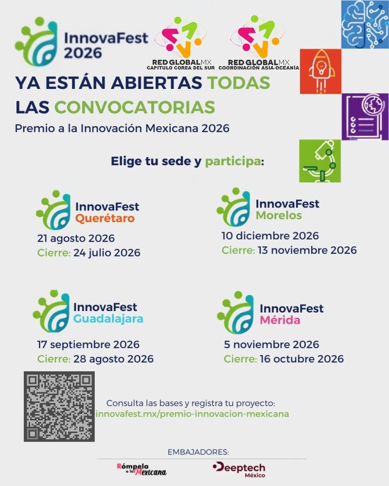 RedGlobalMx_Kr's tweet photo. 🚀 Ya están abiertas las convocatorias del Premio a la #InnovaciónMexicana 2026.
Elige tu sede: Querétaro, Guadalajara, Mérida o Morelos 💡
Revisa bases, fechas de cierre y registra tu proyecto con el link o el QR.
https://t.co/72hEzEojfQ
@RedGlobalMX @RGMXEuropa
#InnovaFest https://t.co/6uuIipHlM1