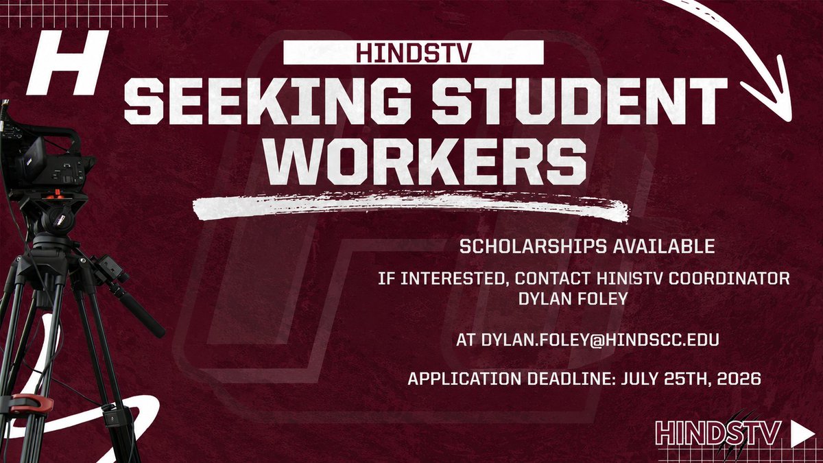 HindsAthletics's tweet photo. 🚨STUDENT WORKERS NEEDED📷 

HindsTV is seeking student workers for the 2026-27 athletic year. 

Those interested, please contact Hinds SID Dylan Foley at dylan.foley@hindscc.edu https://t.co/7qgK27cENG