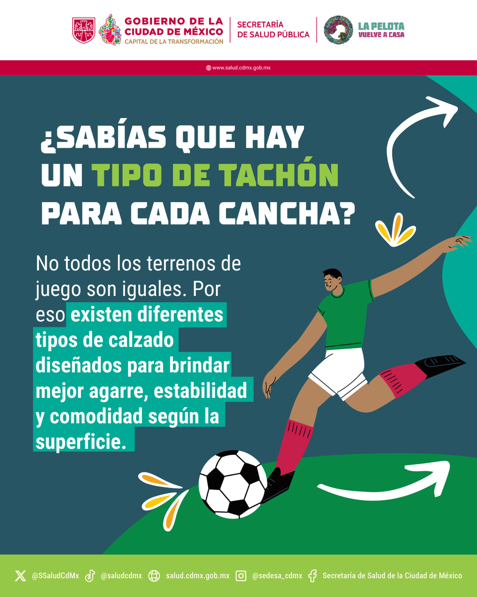 SSaludCdMx's tweet photo. ⚽👟 Hay distintos tipos de tacos o tachones para jugar fut, ¿sabías? 🤔

🌱🏟️ ¿De qué depende su uso? ¡Descúbrelo en este post! 👀

📲 Comparte este #DatoFutbolero con tus amixes más aficionadas y aficionados para que también lo conozcan. ⚽💚

#SaludEnLaCancha #LaPelotaVuelveACasa #SaludPública #LaPrevenciónEsParteDelJuego
