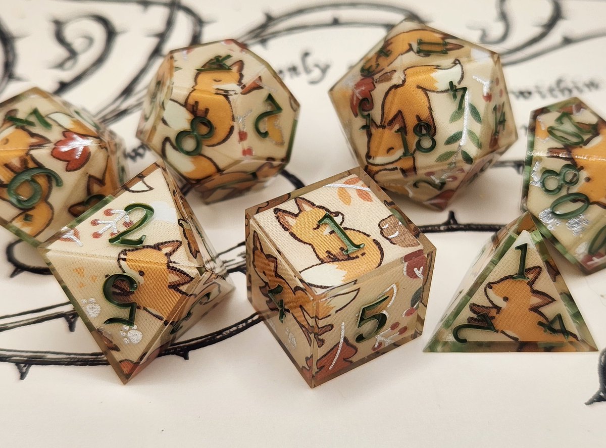 Sinnamon_Dice's tweet photo. Fall Foxes with Sage Green Numbering 🦊
#dnd #ttrpg #handmadedice #dice #dungeonsanddragons https://t.co/CJNcxj9Gbt