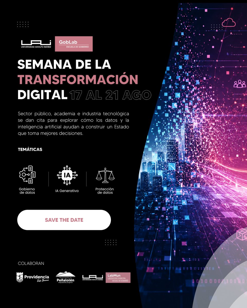 GoblabUAI's tweet photo. #SemanaDeLaTransformaciónDigital 2026

Cinco días de charlas, talleres y conversatorios sobre gobernanza de datos, #IA responsable y protección de datos personales en el #Estado. 

Servicios públicos, municipios, academia, abogados e industria tecnológica https://t.co/LMaF8WfHfK https://t.co/Uzv2RjowaB