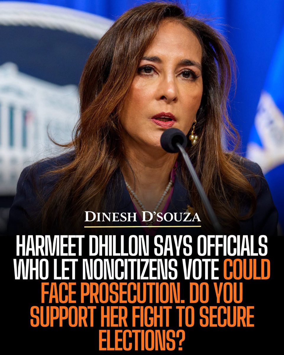 GOP_is_Gutless's tweet photo. ✅ Harmeet Dhillon is right: Officials who let noncitizens vote MUST face prosecution.

Our elections belong to American citizens — not illegals.

Do you support her fight to SECURE our elections?
#ElectionIntegrity #SecureTheVote #AmericaFirst https://t.co/QdSgidWFhh
