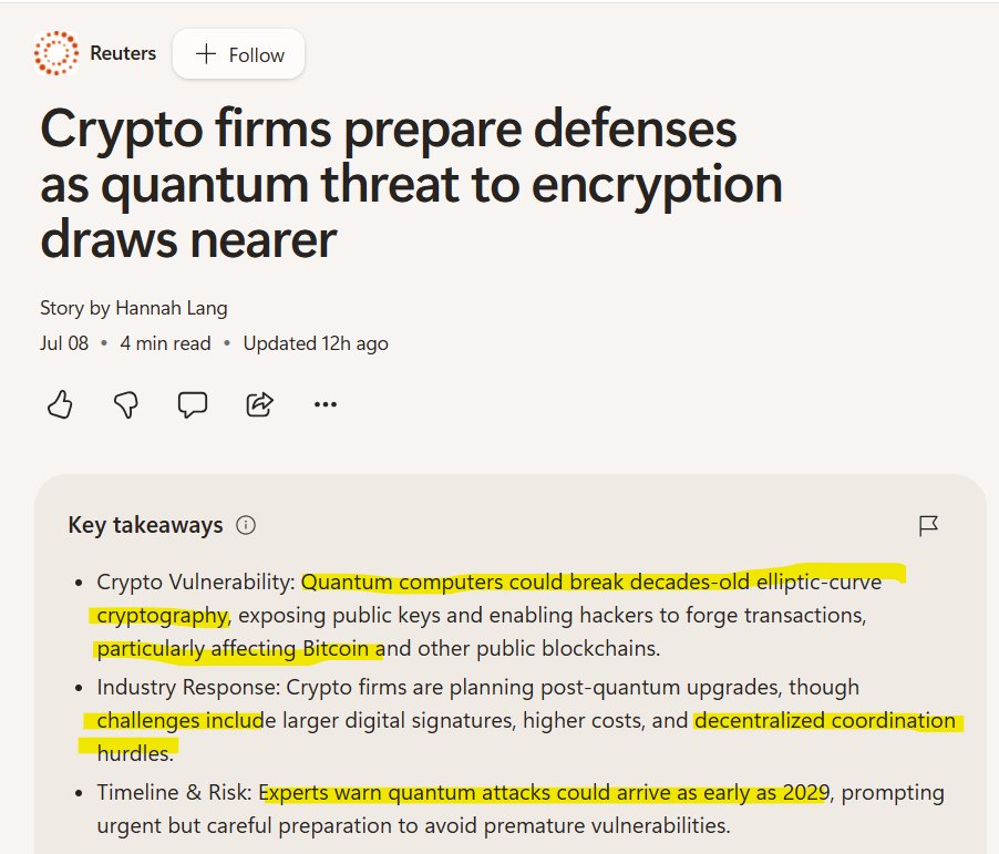 seams5s's tweet photo. Still ignoring $ZEC and holding Bitcoin? Don't be a sitting duck!👇

"Quantum computers could break elliptic-curve cryptography, particularly affecting Bitcoin and other public blockchains.

Experts warn quantum attacks could arrive as early as 2029". https://t.co/ioG9CM21rr