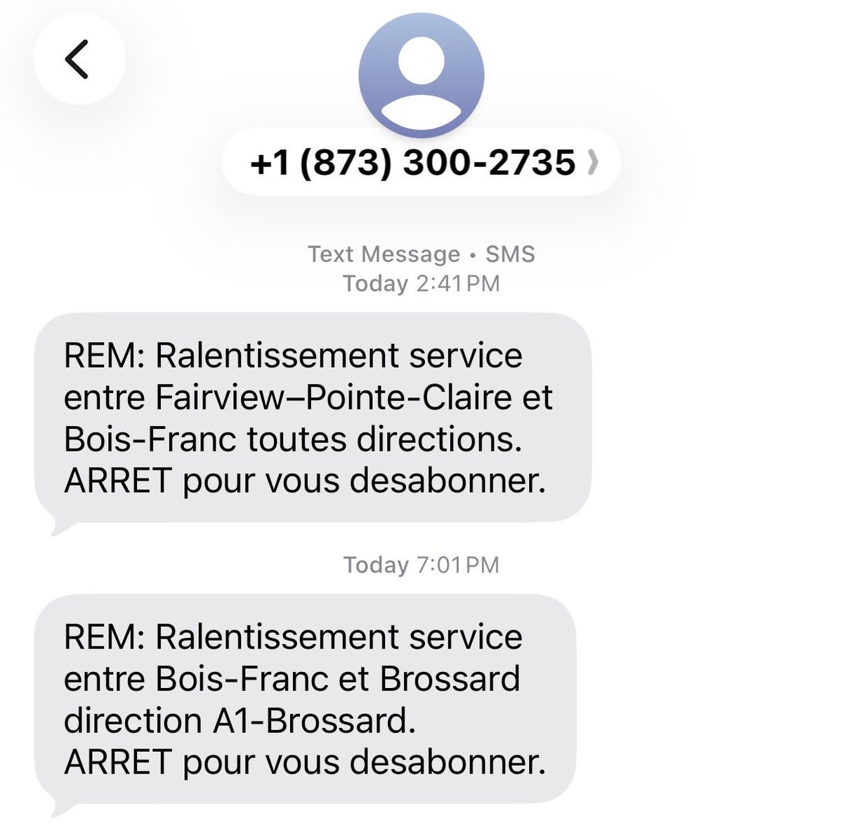 MTLWeatherRL's tweet photo. @REM_infoservice Bonjour, je viens de recevoir un SMS à 19h01 pour un ralentissement de service entre Bois-Franc et Brossard en direction Brossard. Est-ce qu’il s’agit d’un SMS périmé qui a été envoyé par le système pour un ralentissement de service plus tôt aujourd’hui ? https://t.co/hc1Adl03Mr