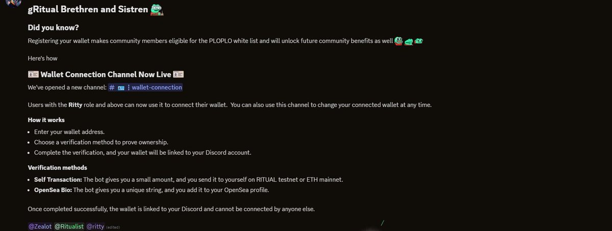 Ritual_ptbr's tweet photo. Todos os membros com o cargo ritty ou acima podem agora conectar a carteira no canal dedicado para tal

Ao registarem a vossa carteira ficarão com whitelist par o PLOPLO e desbloquear benefícios futuros para a comunidade 👀 https://t.co/FMB0vlroBW