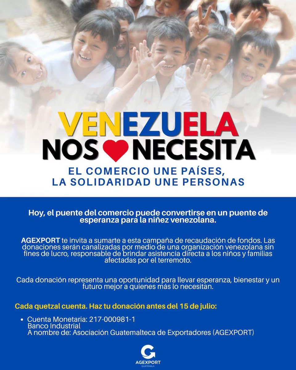 jazlemus26's tweet photo. La Asociación Guatemalteca de Exportadores va a recibir aportes para donar a Venezuela hasta el 15 de julio, desde Guatemala podemos hacer grandes cosas por ellos. No los olvidemos 💙
https://t.co/ZaID629PIL https://t.co/giSKwGHcAs