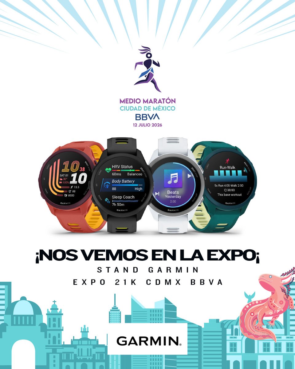 GarminMexico's tweet photo. Pásate al stand de Garmin en la Expo del Medio Maratón CDMX 2026. Te esperamos con promociones, asesoría personalizada y regalos. El detalle que no te puedes perder: charms exclusivos de la carrera para que personalices tus tenis. 

World Trade Center: 9, 10 y 11 de julio https://t.co/R7pibP5uC9