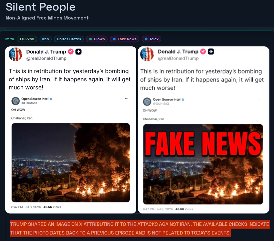 MisterFed's tweet photo. #Trump shared an image on X attributing it to the attacks against Iran. The available checks indicate that the photo dates back to a previous episode and is not related to today's events. #FAKENEWS #IRAN https://t.co/jT8KH6Y5K0 https://t.co/GDsjE4oQUw