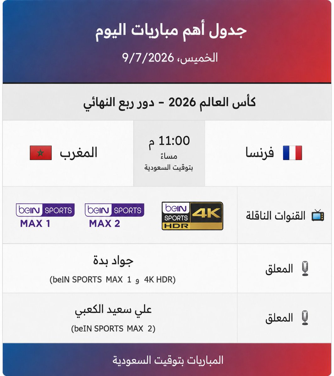 Fotball_Today's tweet photo. 📊 جدول أهم #مباريات_اليوم
🏆 المواعيد والمعلقين والقنوات 
📆:  الخميس 2026/7/9

سـنـاب شـات : ♕ 👻
https://t.co/ChlTlJLHeU https://t.co/oWqXrQyvNp