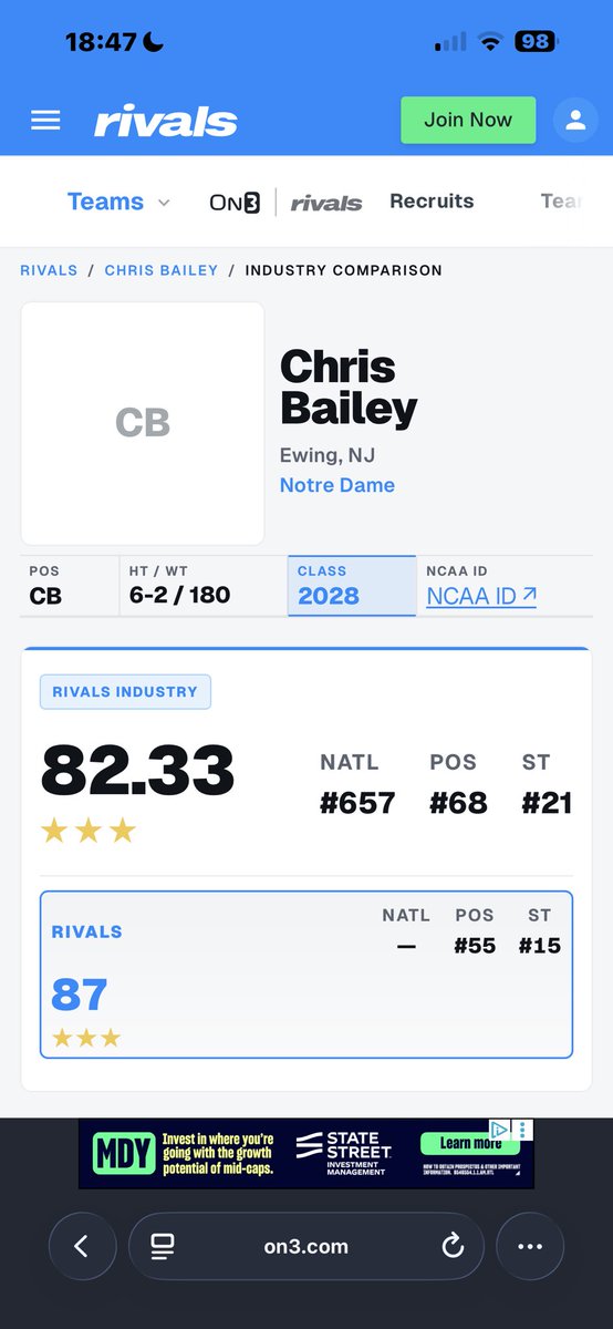 Chrisbailey335's tweet photo. Blessed to be a 3 ⭐️ on @Rivals 

@CoAcHKeLZZz3 @Notre_Dame_HS #AGTG #CO28 https://t.co/ISN3UekCWt