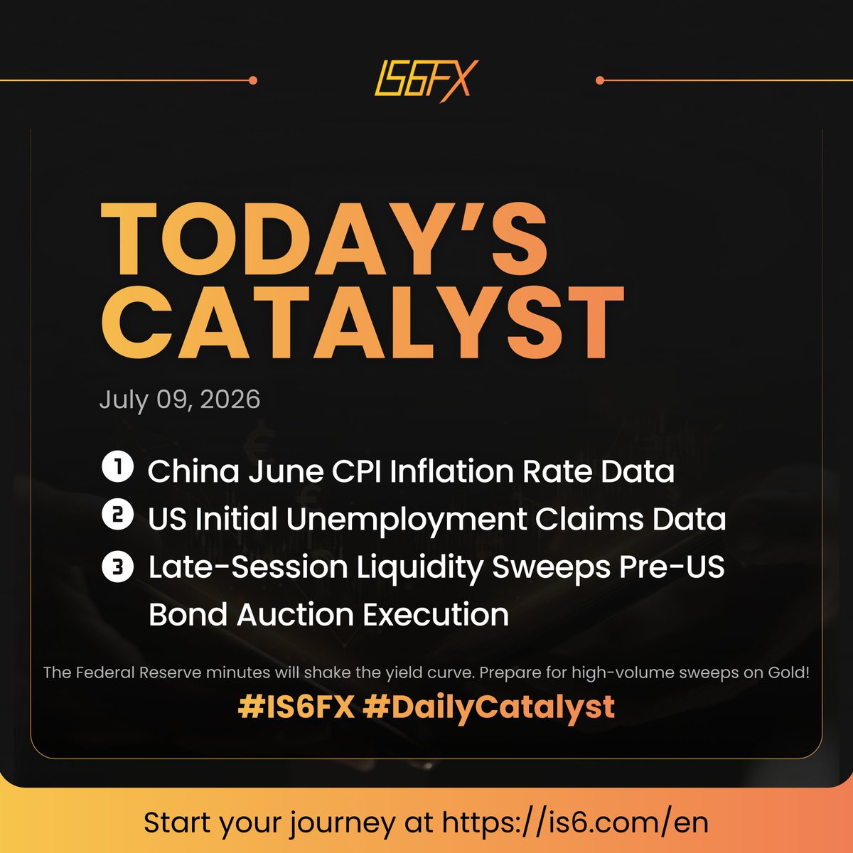 IS6FX_official's tweet photo. 【IS6FX】経済指標 カタリスト

📊 今日のイベント（7月9日）

🇨🇳 中国6月CPI（01:30 UTC）
🇺🇸 米新規失業保険申請件数（12:30 UTC）

市場は中国のインフレ動向と米雇用関連指標に注目。景気や金利見通しを左右する重要な一日となります。

💹 注目ポイント

🇦🇺 AUD/USD
中国CPIの結果次第で豪ドルが大きく動く可能性。

🇪🇺 EUR/USD
米新規失業保険申請件数がドル相場の方向性を左右。

🥇 GOLD
FOMC議事要旨後の米金利動向を受け、金価格の変動に警戒。

#Forex #IS6FX #今日のイベント