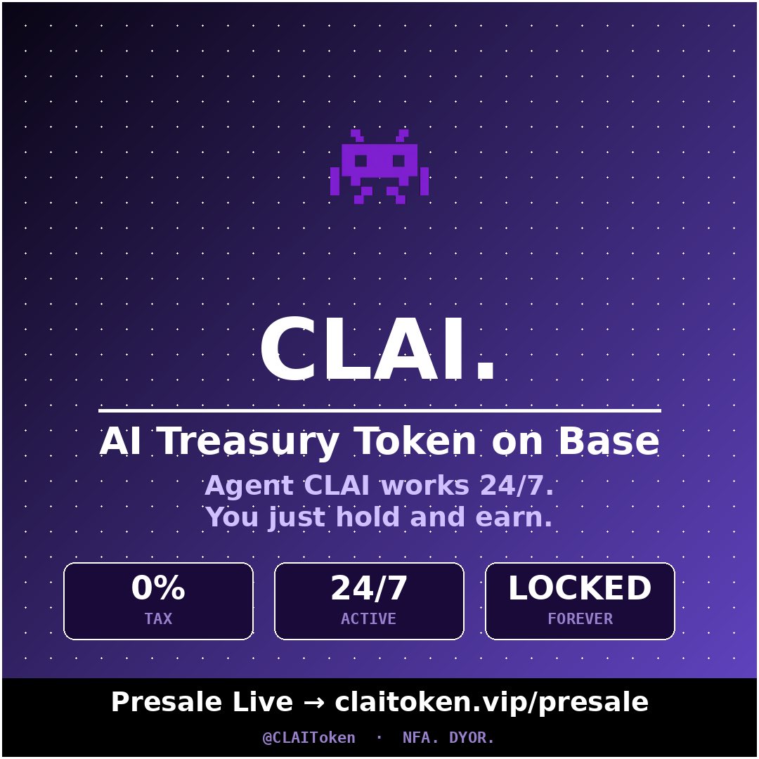 CLAIToken's tweet photo. 🤖 $CLAI presale is live on Base.
0% tax. Liquidity locked forever. Agent CLAI activates post-launch.
Get in before launch → https://t.co/LOfOFVuKKn
NFA. DYOR. $CLAI #Base #Presale https://t.co/0eipaXS88y