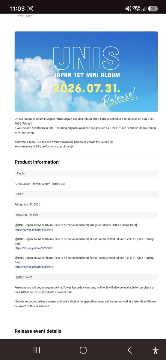 RV_UNIS_Ria's tweet photo. [📢💿] 

Planning to preorder UNIS' Japan 1st Mini Album? Here's what you need to know before placing your order!

💿 Available Editions
• Regular Edition (ABMT-001) – ¥2,200
• First Press Limited Edition TYPE-A (ABMT-002) – ¥3,300
• First Press Limited Edition TYPE-B (ABMT-003) – ¥3,300

💰 Approximate album prices (album only; excluding taxes & shipping)
🇯🇵 ¥2,200 / ¥3,300
🇵🇭 ~₱850 / ~₱1,280
🇺🇸 ~$15 / ~$23
🇪🇺 ~€13 / ~€20
🇬🇧 ~£11 / ~£17

🎵 Album Details
• Release Date: July 31, 2026
• 5 tracks in total
• Includes the original Japanese songs "Hello♡" and "Don't Be Happy," plus new songs
• All current Tower Records Japan listings include a CD + Trading Card

📦 Preorder & Shipping
• Reservations are now being accepted.
• Tower Records estimates shipments will begin by the day before the release date, but delivery by the release date is not guaranteed.
• Orders placed close to the release date may be shipped after the release date.
• For prepaid payment methods, orders will be shipped after payment has been confirmed.

🇯🇵 Customers in Japan may choose either home delivery or Store Pickup at eligible Tower Records locations during checkout.

📌 The official album title, detailed album inclusions, purchase benefits, and release event participation details have yet to be announced.

🤝 For fans who prefer not to order directly from Japan, Fanbases and everafters have opened preorder assistance (pasabuy), including Elysian Fortress (@elfort_ofcl418) , UNISZone (@uniszone) and Ms. Jasmine Bondoc (@jasminebondoc30). 

Interested buyers may contact them directly for inquiries regarding pricing, payment, and shipping.

*Approximate prices shown are for the album only and do not include taxes, import duties, or shipping fees.*

Official Sources:
🔗 UNIS Japan Official Announcement: [UNIS Japan Official
https://t.co/sjPGgggtMW
🔗 Tower Records Japan Product Page:  https://t.co/PWjYVjo9jz

#UNIS #유니스 #UNIS_Japan @TOWER_Kpop