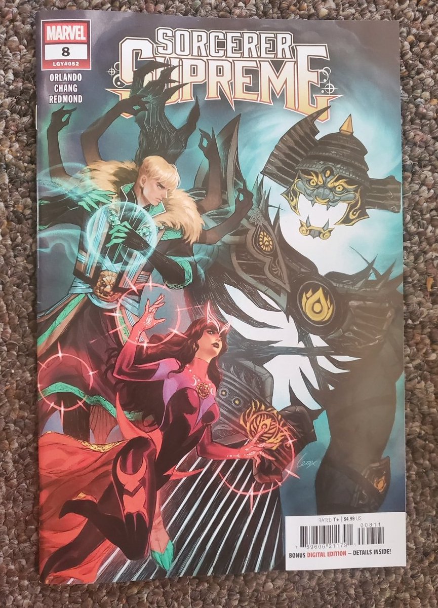 Synsidar's tweet photo. The plot in Sorcerer Supreme No. 8 is garbage. Stinky garbage. Steve Orlando's brilliant idea for the issue was apparently to have Wanda turn the cannon into an AI that she could talk to  and reason with. How could she do that? How could she supply it with energy to keep it going? How could she talk to it about anything? Orlando's answer to any question might be, "She can do almost anything, and if you don't like that, you can fuck off."

As for the Extinction King, his origin and motivations are entirely dependent on Orlando's falsified history of the Vishanti. What could gods possibly have to fight about? Orlando couldn't tell you.

At the end, Orlando has Wanda dismiss the Vision as synthetic and her ex-husband. So much for the V & SW miniseries and their non-romantic love for each other. Orlando doesn't want to deal with that material.

He doesn't know what "thaumaturgy" means; he has Speed jump from "Quantum Realm" to "tinyverse"; he thinks making Speed an agent saves him from being a failed character.

Orlando can't justify anything he's written for S.S. on aesthetic grounds. Readers would have been better off with blank pages so they could try to write their own stories.