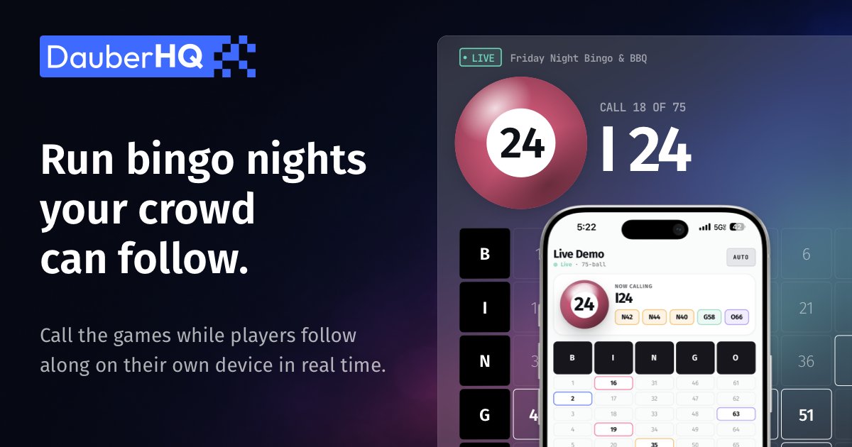 DauberHQ's tweet photo. We're launching Dauber HQ — the clean, modern way to run a live bingo night. You call the numbers; everyone follows along on their own phone.

No app, no player login, get started for free. Only pay when you need more.

Come make your mark: https://t.co/RbcyxjYzQ4

#bingo https://t.co/XoH5wHrURP