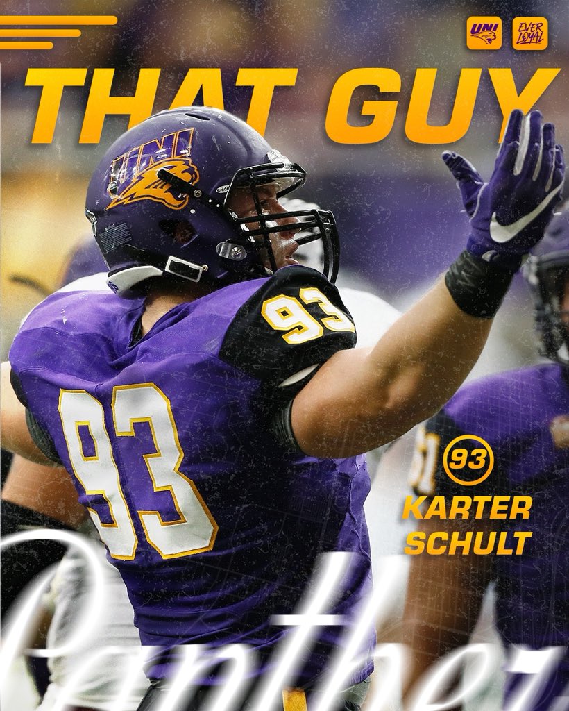 UNIFootball's tweet photo. @KarterSchult was definitely ‘That Guy’!

Karter Schult recorded 17 sacks, 24 tackles for loss, and 74 total tackles his senior season, which earned him MVFC Defensive Player of the Year, and his 2nd First-Team All-American honor!

#EverLoyal | #LegacyEra | #UNIFootball https://t.co/eTwqh46cnr