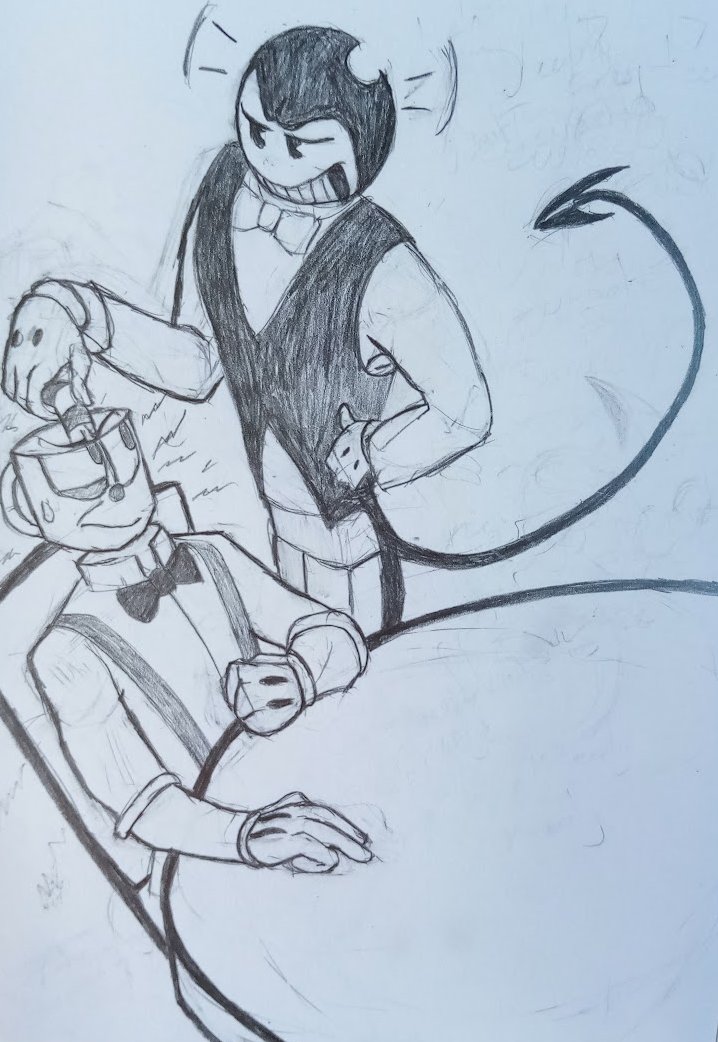 Grayson66095761's tweet photo. Some more doodles of Showbiz and Souls Bendy and Cuphead. #bendy #batim #cuphead https://t.co/A9gdlhjafr