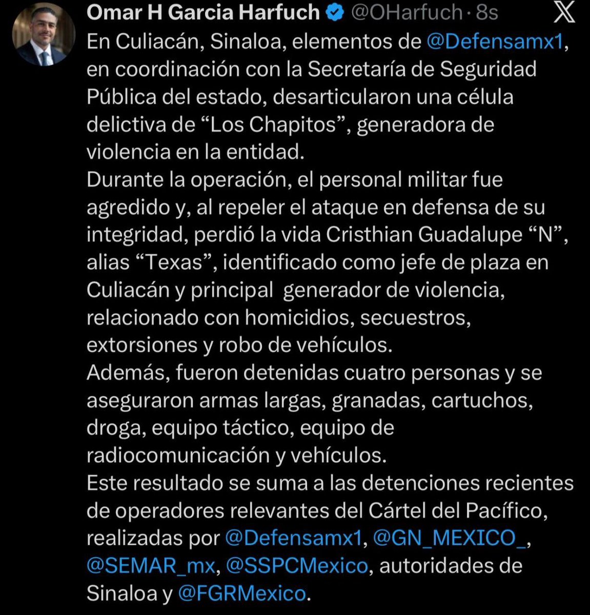 idn__03's tweet photo. Culiacán, Sinaloa 📍

🔴🔴
Omar García Harfuch confirmó la muerte de “TEXAS 01” lugarteniente de Los Chapitos.

El primero en confirmar este suceso fue @crux1469 https://t.co/gIq4TatIbd