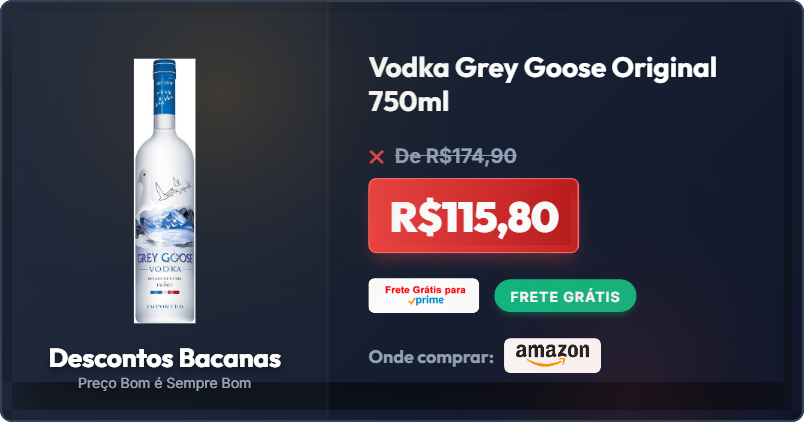 descontosbr's tweet photo. CORRE ANTES QUE ACABE! 🏃‍♂️💨

Vodka Grey Goose Original 750ml

🔥 R$115,80 [33% OFF]
❌De R$174,90

🚚 Frete GRÁTIS Amazon Prime
🛒 COMPRE AQUI: https://t.co/CamVUnv6jJ

#Achadinhos #Oferta https://t.co/fj7VsY8ccJ