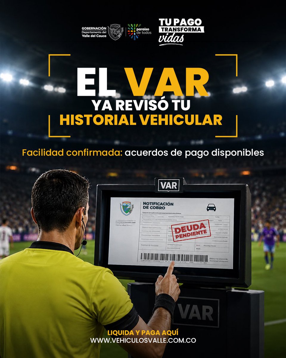 MiHaciendaValle's tweet photo. ¡El VAR revisa la jugada y se viene una segunda oportunidad! 

Si debés Impuesto Vehicular, preparate. Muy pronto podrás ponerte al día con un pago inicial del 30% y el saldo hasta en 6 meses para frenar cobros. 

¡Atento a https://t.co/WSo44xF6wn! 💚🚗 https://t.co/leCDM9CshO