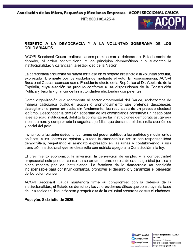 PopayanCO's tweet photo. Comunicado de ACOPI Cauca reconociendo a Abelardo de la Espriella como presidente de Colombia https://t.co/bOHS0HP2FH