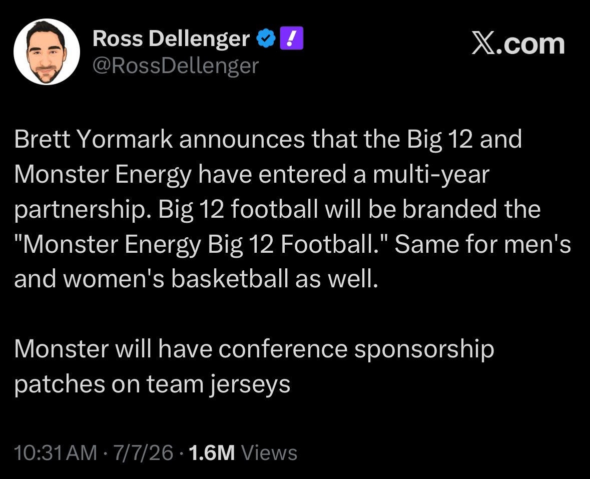 CFBN_Plus's tweet photo. This all that Pete Thamel, Ross Dellenger, and Brett McMurphy have said on X in regards to the Monster Energy Big 12 deal… You’re telling me the 3 top reporters in college football have no other comment? 🤔🤔 https://t.co/1jRdufcuwX