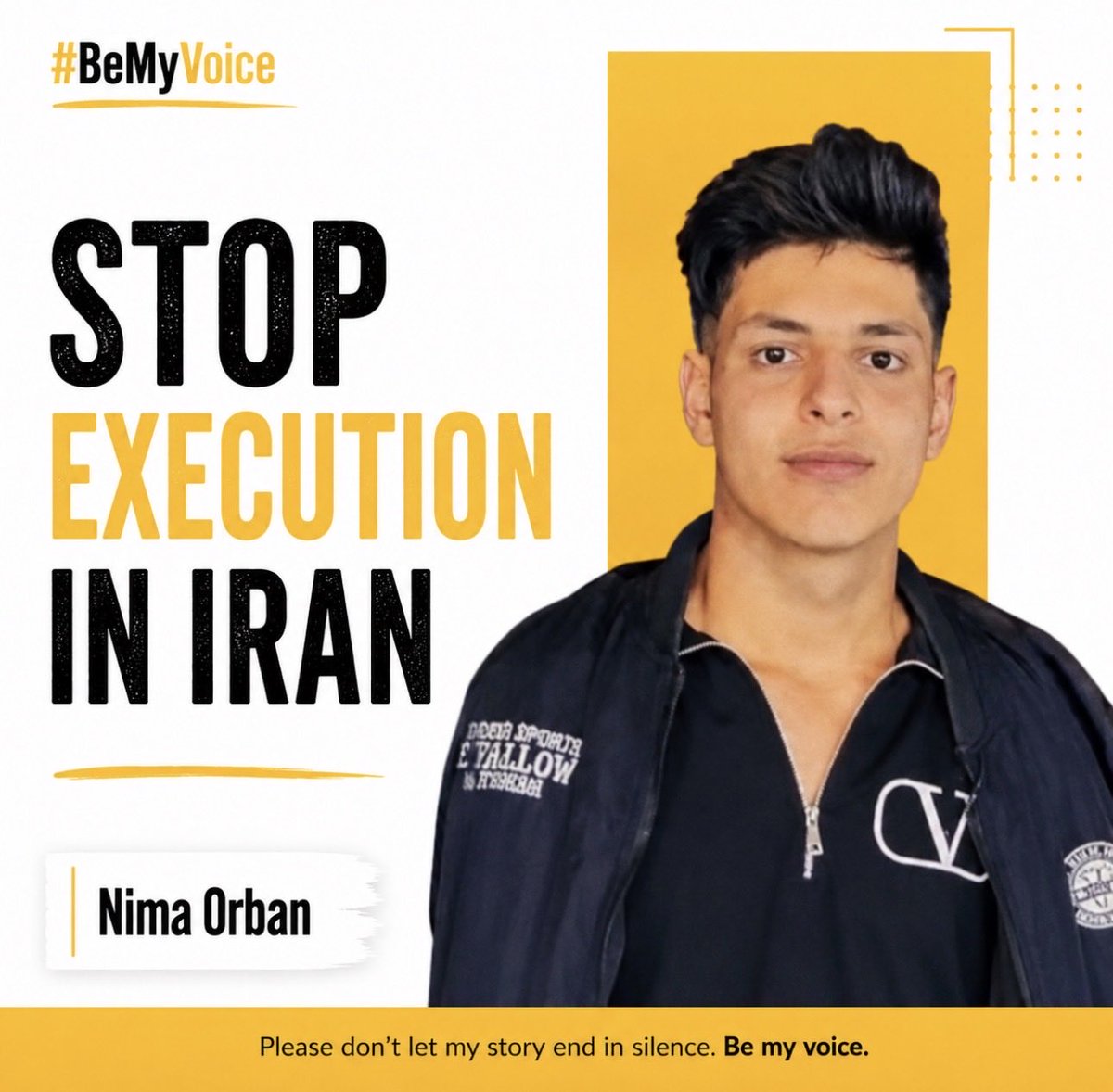 BeMyVoiceIran's tweet photo. #BeMyVoice 
My name is Nima Orban. I am 17 years old. 
I was arrested during the January 2026 protests in Khomeyn, Iran. 
Today, I have been sentenced to death (twice)and one year in prison. My case has been sent to Iran’s Supreme Court for review. My friend, Abbas Akbari Feyzabadi, was executed after being forced to confess under torture. I fear my story could end the same way. 
Please don’t let my story end in silence. Be my voice.

#StopExecutionInIran
#نیما_عربان