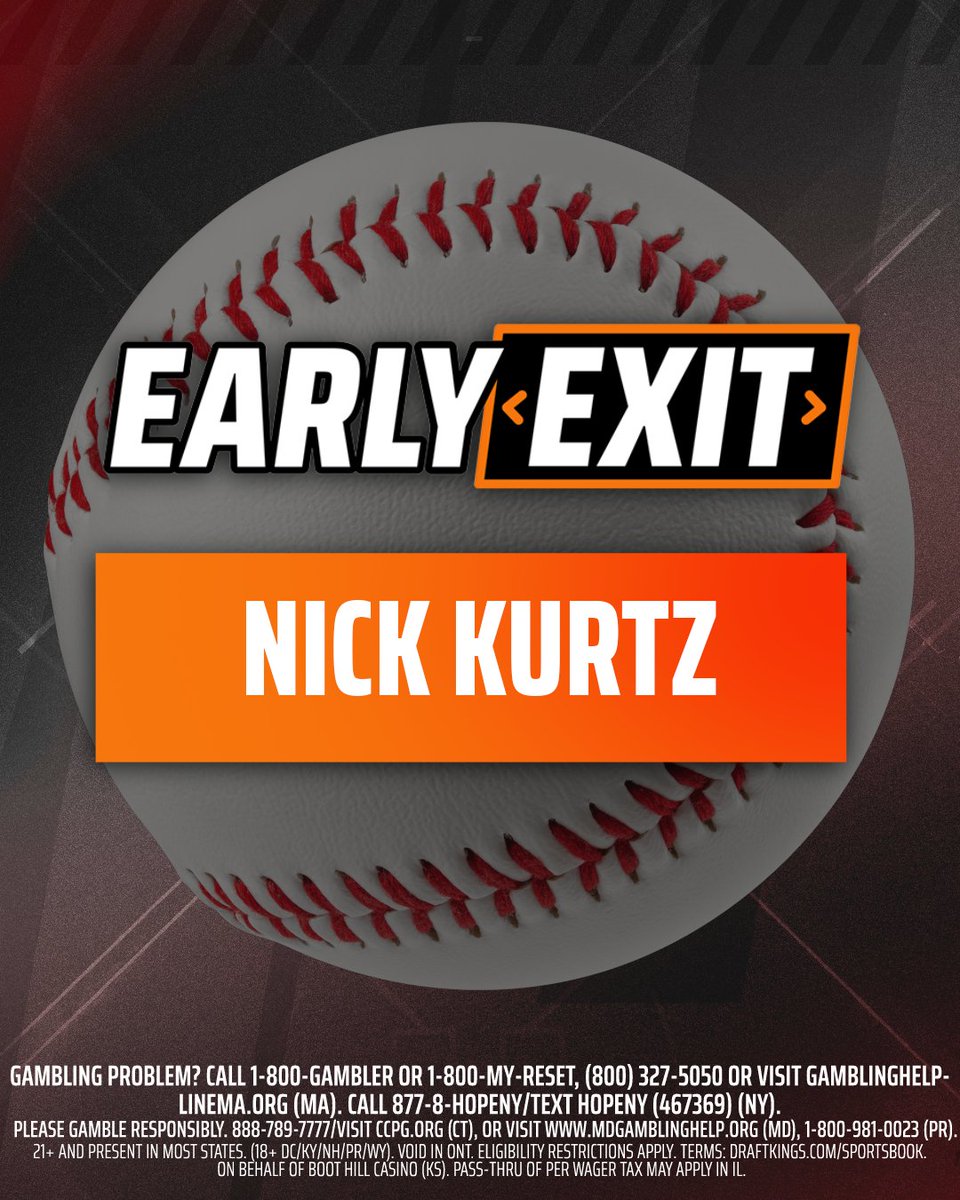 DK_Assist's tweet photo. Nick Kurtz is out prior to his 2nd plate appearance  — Early Exit is in effect.              

All qualifying bets will be honored and tagged as Early Exit Protected. https://t.co/t5BJGaht1g