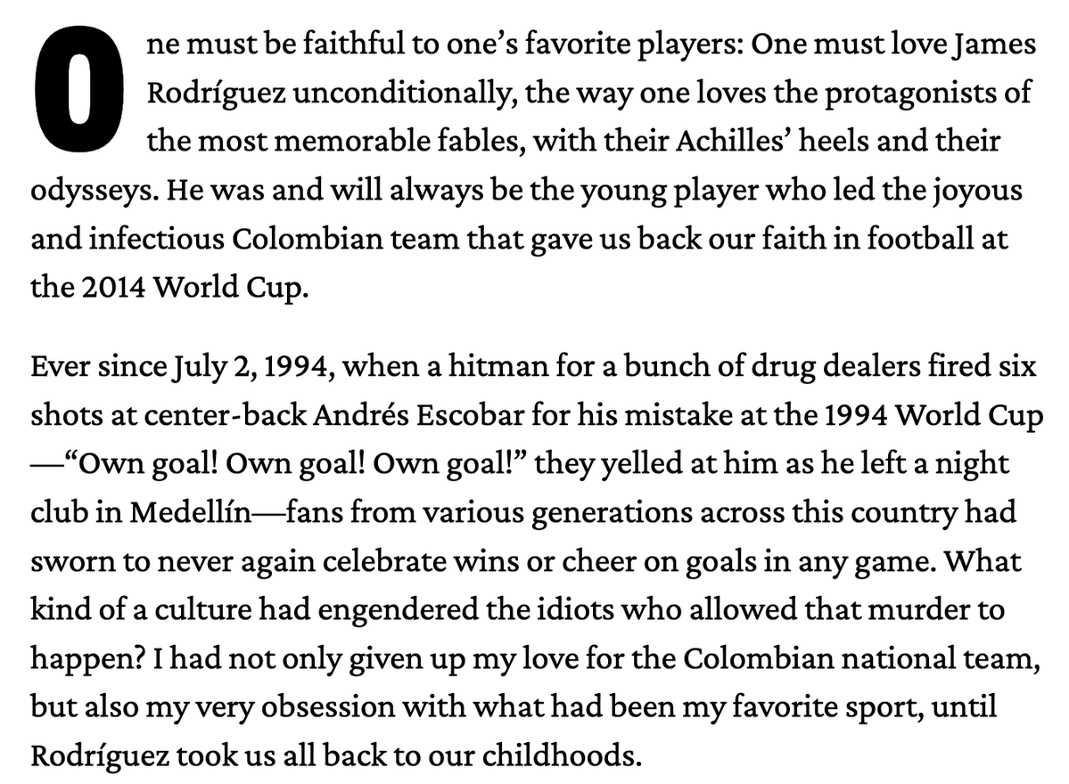 miguelxsalazar's tweet photo. The Colombian novelist @RSilvaRomero writes about *that* famous James Rodríguez goal in a sweet and nostalgic farewell essay https://t.co/MHSDqk5Tti