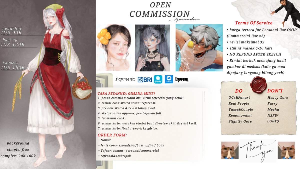 dyluvvatermelon's tweet photo. 🤍✨️OPEN COMMISSION✨️🤍
[RT&amp;Likes are highly appreciated!]

Haloww semua👋 aku lagi open commis untuk bulan ini sampai agustus, dibuka hanya untuk 3 slots, boleh liat² detail harga &amp; ketentuan dibawah ini yaaa^^👇👇
Terima Kasihh^^/🤍

#opencommission https://t.co/40su8c0HIp