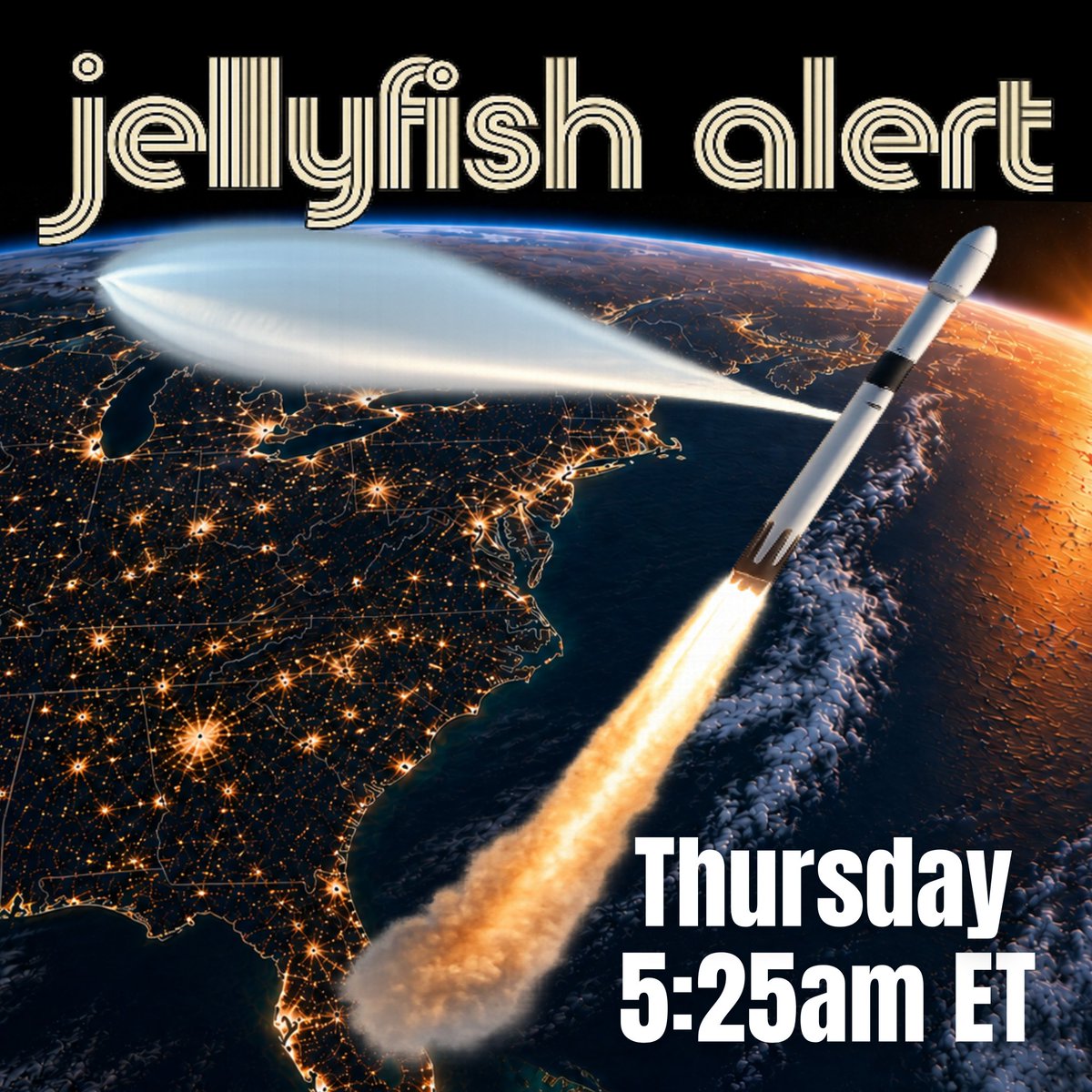 tropicalupdate's tweet photo. Hey everyone it's happening tomorrow AM! The infamous Space X Jellyfish. Expected launch puts it right when the sun is coming up with ideal conditions for the spectacular view along eastern US. I'm setting my alarm clock. How about you? https://t.co/FMtSgJFh1q