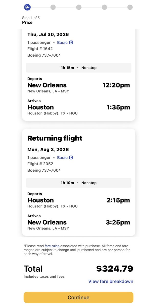 StroNationFrust's tweet photo. Hey @FTC I would love for you to look into this incredibly coincidental pricing comparison between @SouthwestAir and @united.  

It started when I thought $324.79 was an INSANE price for the cheapest fare on SWA for a 45 min flight from New Orleans to Houston, roundtrip, in 3 weeks.  Midday Friday and a Monday.  

So I priced United…similar itinerary.  And lo and behold, it was…$324.79.

There is clearly ZERO competition in airlines, directly inflating traveler costs and eliminating competition to a level that pleases only them, and clearly NOT the consumer or traveler.

There’s a term for this…and it’s illegal