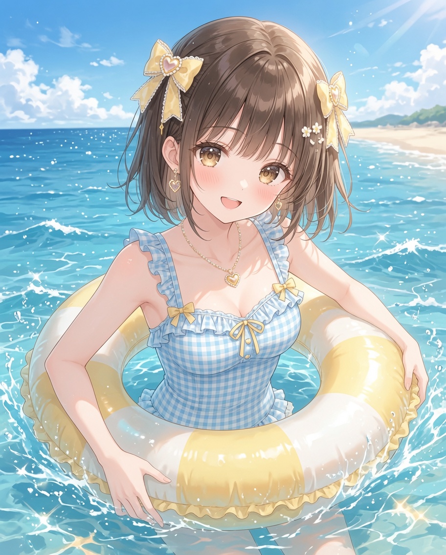  Foto zu タイトル 夏色きらめく♡うきわデート気分 #aiイラスト キラキラ輝く海で、ふわふわうきわにのんびり浮かぶ夏のひととき☀️ フリルたっぷりの 