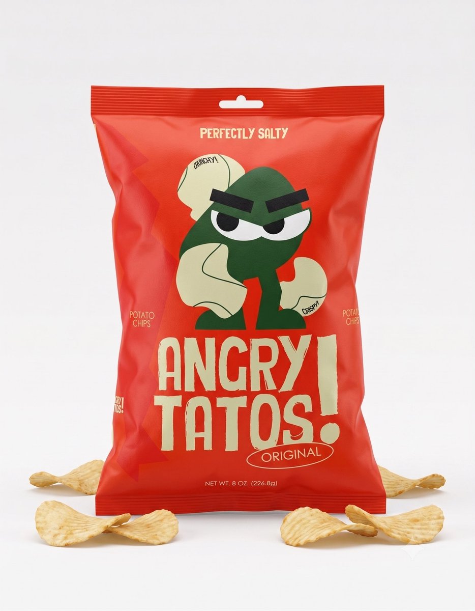 brownrzla's tweet photo. What do you guys think of this bag of angry potato chips i designed. Would you buy this if the shelf just off how it looks? https://t.co/1CReyW1vsF