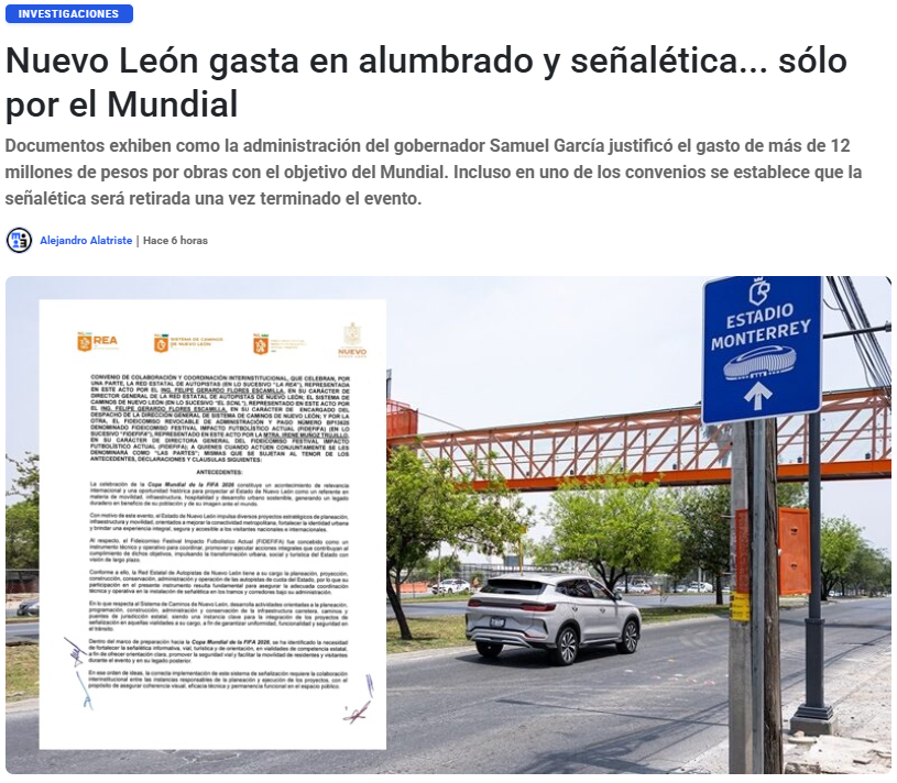 emeequis's tweet photo. Documentos exhiben como la administración del gobernador Samuel García justificó el gasto de más de 12 millones de pesos por obras con el objetivo del Mundial. Incluso en uno de los convenios se establece que la señalética será retirada una vez terminado el evento.

https://t.co/h8xGOdmMIj
