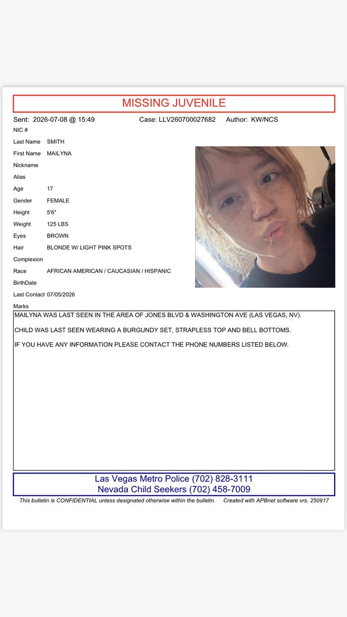 NVChildSeekers's tweet photo. π¨ Have you seen Mailyna? π¨
#MissingChild #MissingKids #MissingPerson
#BringThemHome #NVChildSeekers https://t.co/SyVc4lRHAa
