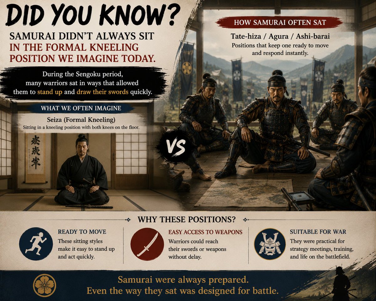 SamuraiFortune's tweet photo. Did you know?

Samurai didn't always sit in the formal kneeling position we imagine today.

During the Sengoku period, many warriors sat in ways that allowed them to stand up and draw their swords quickly.

#Samurai #Japan #History https://t.co/sTf9Ed2SlD