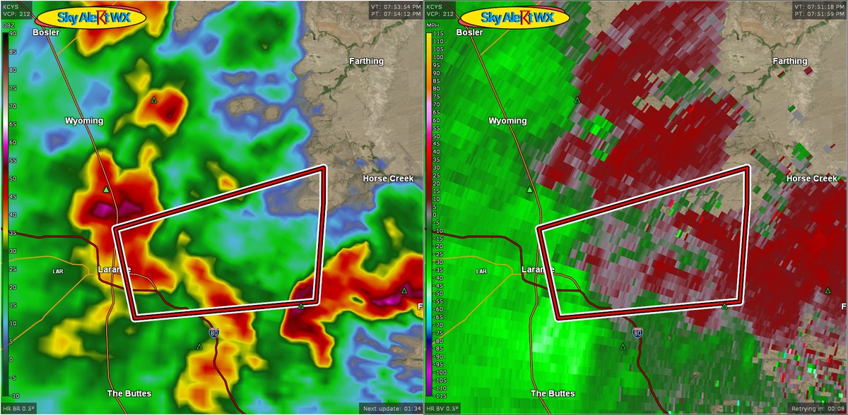 SkyAlertWX's tweet photo. t 554 PM MDT, a severe thunderstorm capable of producing a #tornado
was located over University Of Wyoming War Memorial Stadium, or
near Laramie, moving east at 20 mph.#wywx

SOURCE...Radar indicated rotation. https://t.co/Ft8vowBVKw