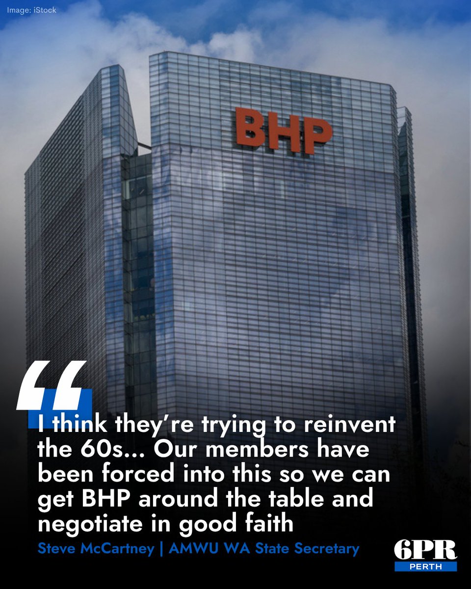 6PR's tweet photo. The Australian Manufacturing Workers’ Union WA has criticised BHP for its failure to negotiate in "good faith”, prompting historic industrial action.

Hear more ➡️ https://t.co/zRniYGmv1x https://t.co/TgAlc4UWcq