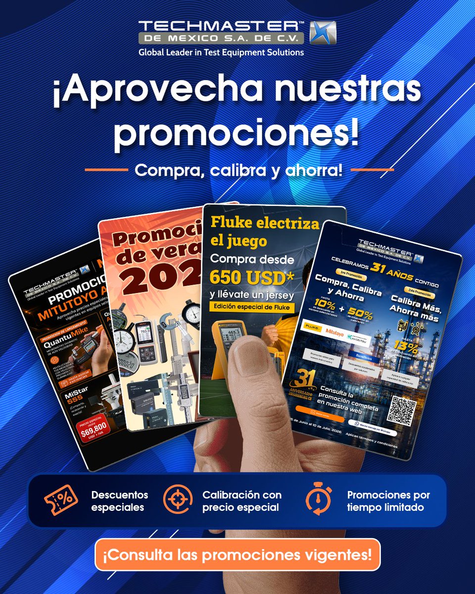 techmaster_mx's tweet photo. 🔥 ¡Aprovecha nuestras promociones vigentes!

Descuentos especiales en equipo, calibración con precio especial y promociones por tiempo limitado ⏰

Consulta las promociones vigentes 👇
https://t.co/jsaD0qXT22 https://t.co/X7w7MfeeXg