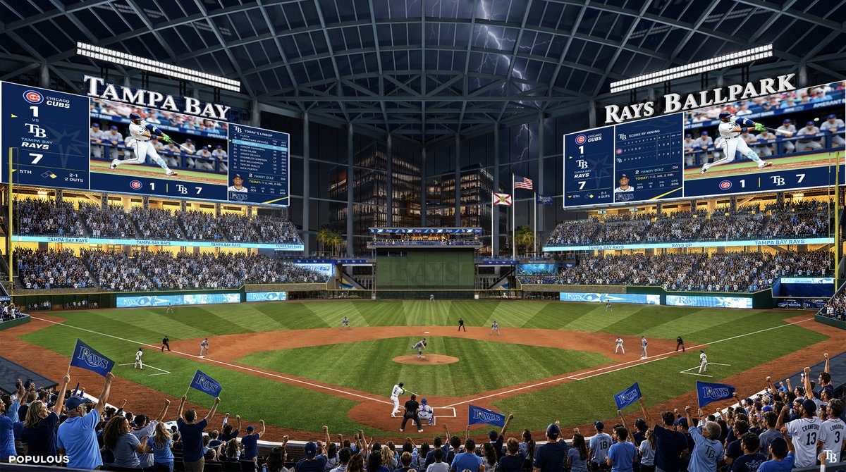 RaysBaseball's tweet photo. Views from home plate by day and night, the center field bar, and the entry plaza. 

More info: https://t.co/RoBuHm2LPk https://t.co/KbFlxf0wQD